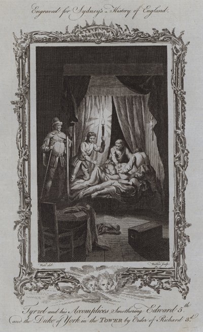 Tyrrel und seine Komplizen ersticken Edward V. und den Herzog von York im Tower auf Befehl von Richard III. (Stich) von Samuel (after) Wale