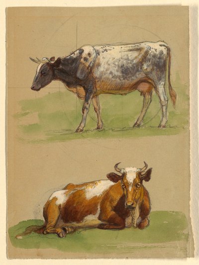 Zeichnung, Rinder, eine gehende und eine kauernde Kuh, 1875–80 von Samuel Colman