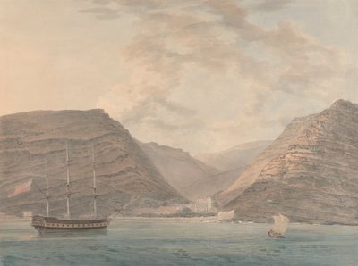 Kriegsschiff im Hafen vertäut, Berge im Hintergrund von Samuel Davis