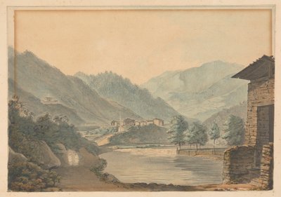 Gebirgsszene mit Gebäuden und Fluss von Samuel Davis