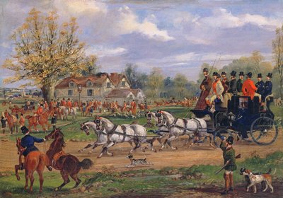 Postkutsche passiert ein Treffen vor einem Gasthaus, 1862 von Samuel Henry Alken
