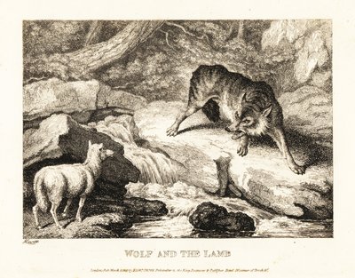 Ein Wolf versucht, das Töten eines Lamms in der Nähe eines Flusses zu rechtfertigen. 1811 von Samuel Howitt