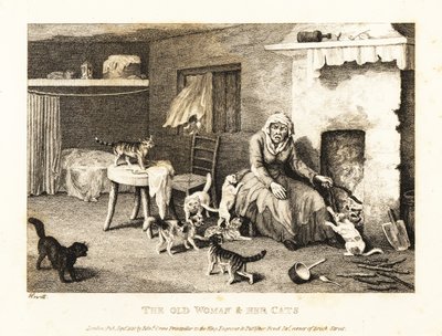 Alte Hexe sitzt am Herd in einer Hütte, umgeben von Katzen. 1811 (Radierung) von Samuel Howitt