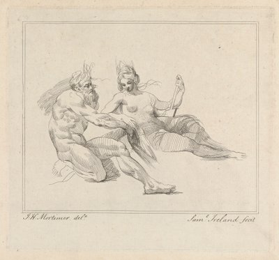 Drei Radierungen auf einem Blatt: Zwei mythologische Figuren von Samuel Ireland