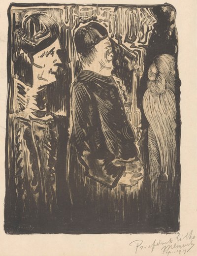 Fantasie: links zwei Figuren mit Mützen nach rechts, rechts eine eingekratzte Erscheinung mit Federkleid von Samuel Jessurun de Mesquita