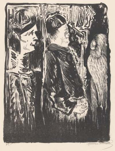 Fantasie: links zwei Figuren mit Mützen nach rechts, rechts eine eingekratzte Erscheinung mit Federkleid von Samuel Jessurun de Mesquita