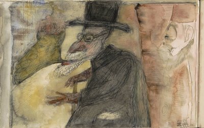 Mann mit Bart, Spazierstock und hohem Hut, im Profil nach links von Samuel Jessurun de Mesquita
