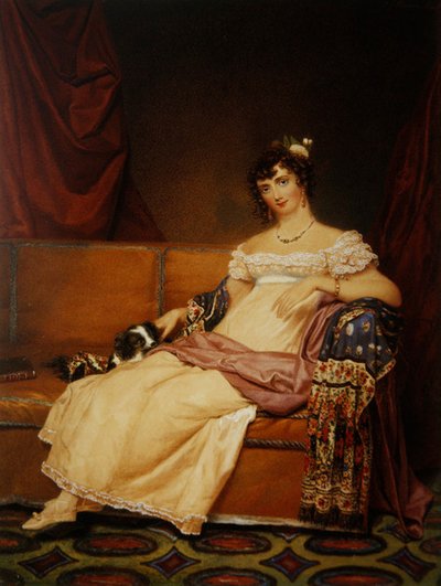 Lady Waterhouse auf einem Sofa mit ihrem Spaniel von Samuel John Stump