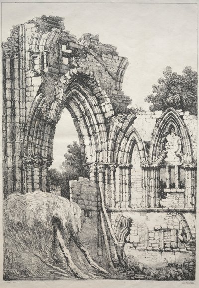 Eine Reihe alter Gebäude und ländlicher Cottages im Norden Englands: In York, Ruinen, 1821 von Samuel Prout