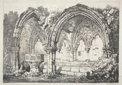 Eine Reihe antiker Gebäude und ländlicher Hütten im Norden Englands: Teil der Kirkham Abbey von Samuel Prout
