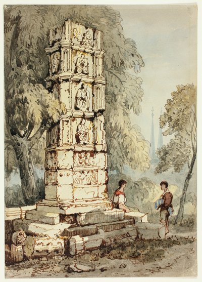 Zwei Figuren neben mittelalterlichen Ruinen, mit Kirche in der Ferne von Samuel Prout