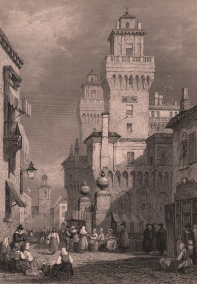 Ansicht von Castello Estense, Ferrara, Emilia-Romagna, Italien, Stahlstich von John Godfrey nach einer Zeichnung von Samuel Prout, ca. 26x17 cm, veröffentlicht von Blackie and Son von Samuel Prout
