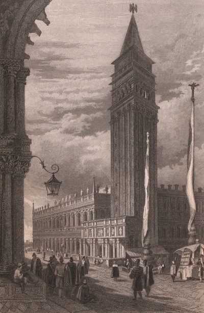 Ansicht des Glockenturms von San Marco in Venedig, Venetien, Italien, Stahlstich nach einer Zeichnung von Samuel Prout von Samuel Prout