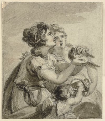 Zwei Frauen mit einer Taube in den Händen und ein Amor von Samuel Shelley