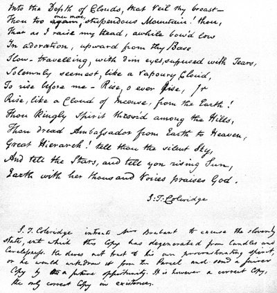 Letzte Zeilen von Coleridges Gedicht Hymne vor Sonnenaufgang im Tal von Chamouny, geschrieben in der eigenen Handschrift des Dichters und in einem Brief an Mrs. Brabant aus Devizes gesendet, 1815 von Samuel Taylor Coleridge