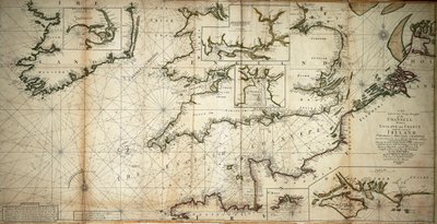 Ein neuer und korrekter großer Entwurf des Kanals zwischen England und Frankreich mit der Küste von Irland, St. Georges & Bristoll Kanal und mehreren der bemerkenswertesten Häfen im Detail von Samuel Thornton