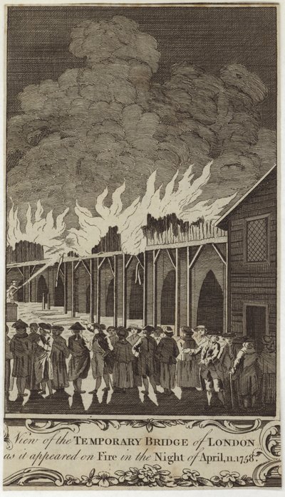 Ansicht der temporären Brücke von London, wie sie in der Nacht des 11. April 1758 brannte von Samuel Wale