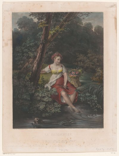 Junge Frau mit Blumenkranz und Füßen im Wasser von Samuel William Reynolds (I)