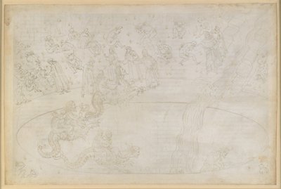 Die Göttliche Komödie, Inferno XVII. Vergil und Dante im siebten Kreis der Hölle, 3. Streifen: Gewalttäter gegen die göttliche Ordnung in der Flammenwüste, Bestrafung der Wucherer; Abschwung in die Tiefe auf dem Rücken Geryons von Sandro Botticelli