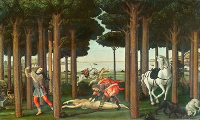 Die Ausweidung der verfolgten Frau: Szene II der Geschichte von Nastagio degli Onesti, um 1483 von Sandro Botticelli