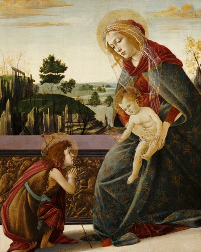 Die Madonna und das Kind mit dem jungen Johannes dem Täufer in einer Landschaft von Sandro Botticelli