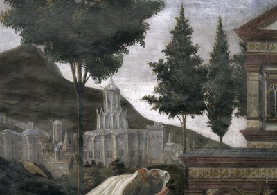 Die Reinigung des Aussätzigen und die Versuchung Christi, in der Sixtinischen Kapelle: Detail einer imaginären Stadt in einer Landschaft, 1481 von Sandro Botticelli