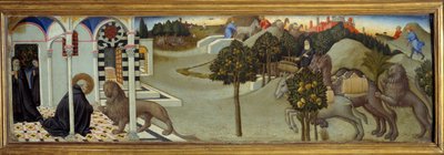 Szene aus dem Leben des heiligen Hieronymus: (Detail) Der heilige Hieronymus entfernt einen Dorn aus der Löwenpfote; der Löwe verfolgt die Diebe, die den Esel aus dem Kloster gestohlen hatten und bringt eine Karawane von Kamelen mit Waren zurück von Sano di also Ansano di Pietro di Mencio Pietro