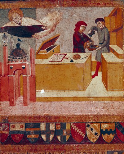 Der Kämmerer wäscht symbolisch seine Hände, während die schützende Jungfrau über Siena fliegt (Detail) von Sano di also Ansano di Pietro di Mencio Pietro