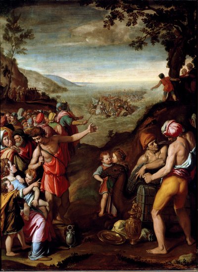 Der Durchzug durch das Rote Meer. Das hebräische Volk, das aus Ägypten flieht, überquert das Rote Meer, geführt von Moses. Gemälde von Santi di Tito (1536-1603), Florenz, Kabinett von Franz I., Palazzo Vecchio von Santi di Tito