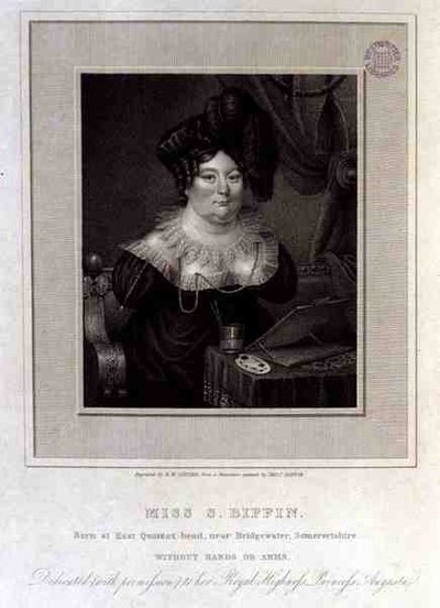 Miss S. Biffin, geboren in East Quantox-head, nahe Bridgewater, Somersetshire, ohne Hände oder Arme, gestochen von R.W. Sievier von Sarah (after) Biffin