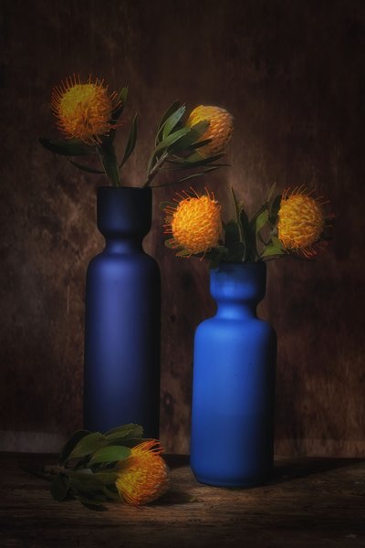 Orange Blüten in Blau von Saskia Dingemans