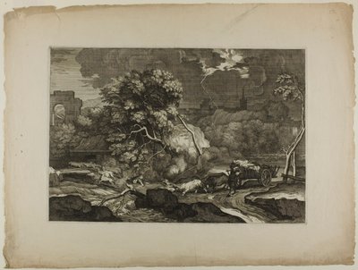 Karren, gezogen von zwei Paar Ochsen im Sturm von Sébastien Bourdon