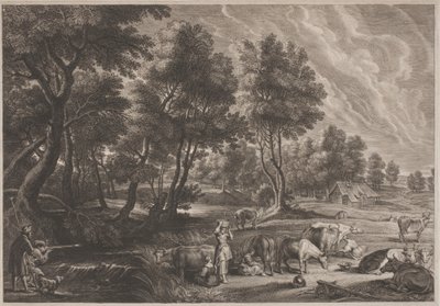 Bauernlandschaft mit Jägern und Milchmädchen von Schelte Adams Bolswert, after Sir Peter Paul Rubens
