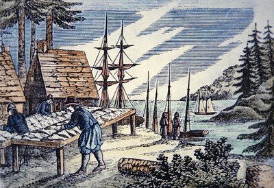 Fischer trocknen Kabeljau in Neuengland, aus einem Holzschnitt des 17. Jahrhunderts von School American