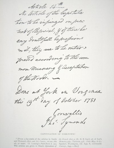 Kapitulationsbrief von Yorktown, unterzeichnet von Lord Cornwallis von School American