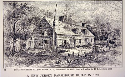 New Jersey Bauernhaus gebaut 1676, nach einer Zeichnung von 1886 von E. J. Meeker von School American