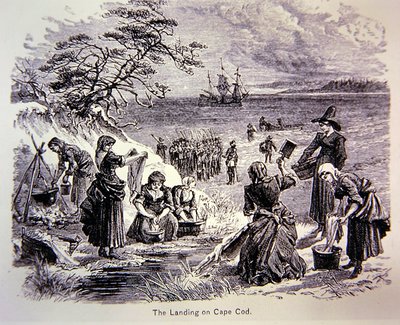 Die Pilgerväter landen 1620 in Amerika - Die Landung am Cape Cod zeigt Frauen bei der Arbeit von School American