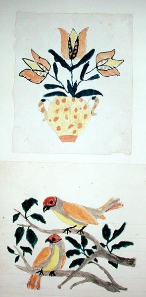 Vase mit Tulpen und zwei Vögeln in einem Baum von School American