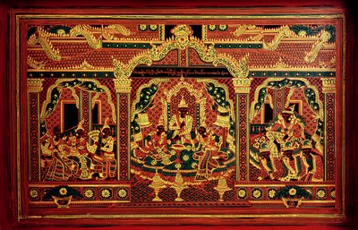 Detail einer Manuskripttruhe aus Myanmar (lackiertes Holz) von School Burmese