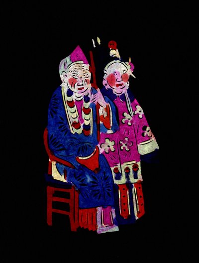 Paar in traditioneller Kleidung. Gemaltes Papierschnittbild oder "Jian Zhi", chinesische Volkskunst, Peking von School Chinese