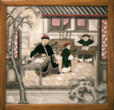 Dekorative Marmorplatte, die Buchstaben in ihrem Kabinett darstellt. Bemalter Marmor, Qing-Dynastie (1644-1911), chinesische Kunst. Musée d