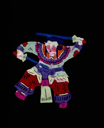 Weiblicher Charakter, der Kampfkunst mit zwei Schwüngen übt. Bemaltes Papierschnittbild oder "Jian Zhi", chinesische Volkskunst, Peking von School Chinese