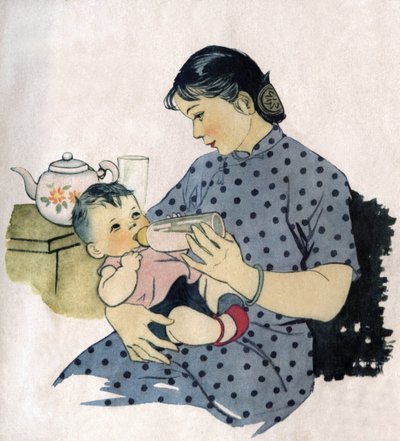 Mutter gibt ihrem Baby die Flasche. Illustration, in "Wie wir unsere Kinder besser ernähren", Ausgabe Le Journal de la Sante, Peking von School Chinese