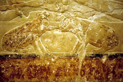 Altes Ägypten, Wandrelief/Malerei, Mastaba/Grab von Idout, Saqqara, 6. Dynastie, Zwei kämpfende Nilpferde von School Egyptian