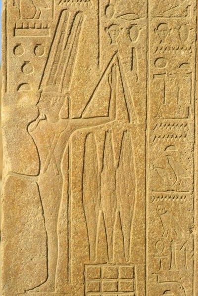 Altes Ägypten, Wandmalerei/Gravur, Der Gott Min, Karnak-Tempel, Luxor, Gott der Fruchtbarkeit, hält eine Geißel (Foto) von School Egyptian