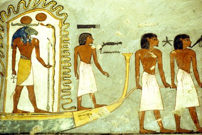 Altes Ägypten, Wandmalerei, Reise durch die Unterwelt, Boot von Männern gezogen, Grab von Ramses I., Theben von School Egyptian
