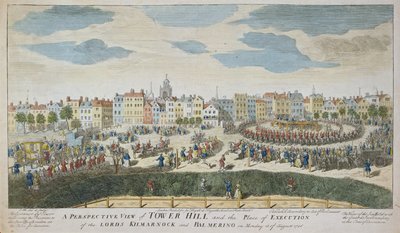 Eine perspektivische Ansicht von Tower Hill und dem Hinrichtungsort der Lords Kilmarnock und Balmerino von School English