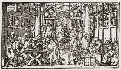 Ein Ablassverkauf während der Tudor-Zeit in England (Gravur) von School English