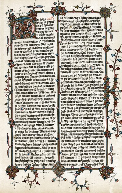 Kopie einer Seite aus dem Markus-Evangelium, Wycliffes Übersetzung der Bibel ins Englische um 1400 von School English