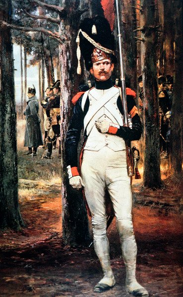 Kaiserlicher Gardist von Napoleons Großer Armee, mit Bärenfellmütze und bewaffnet mit einem Charlesville-Musketier von 1777 von School English